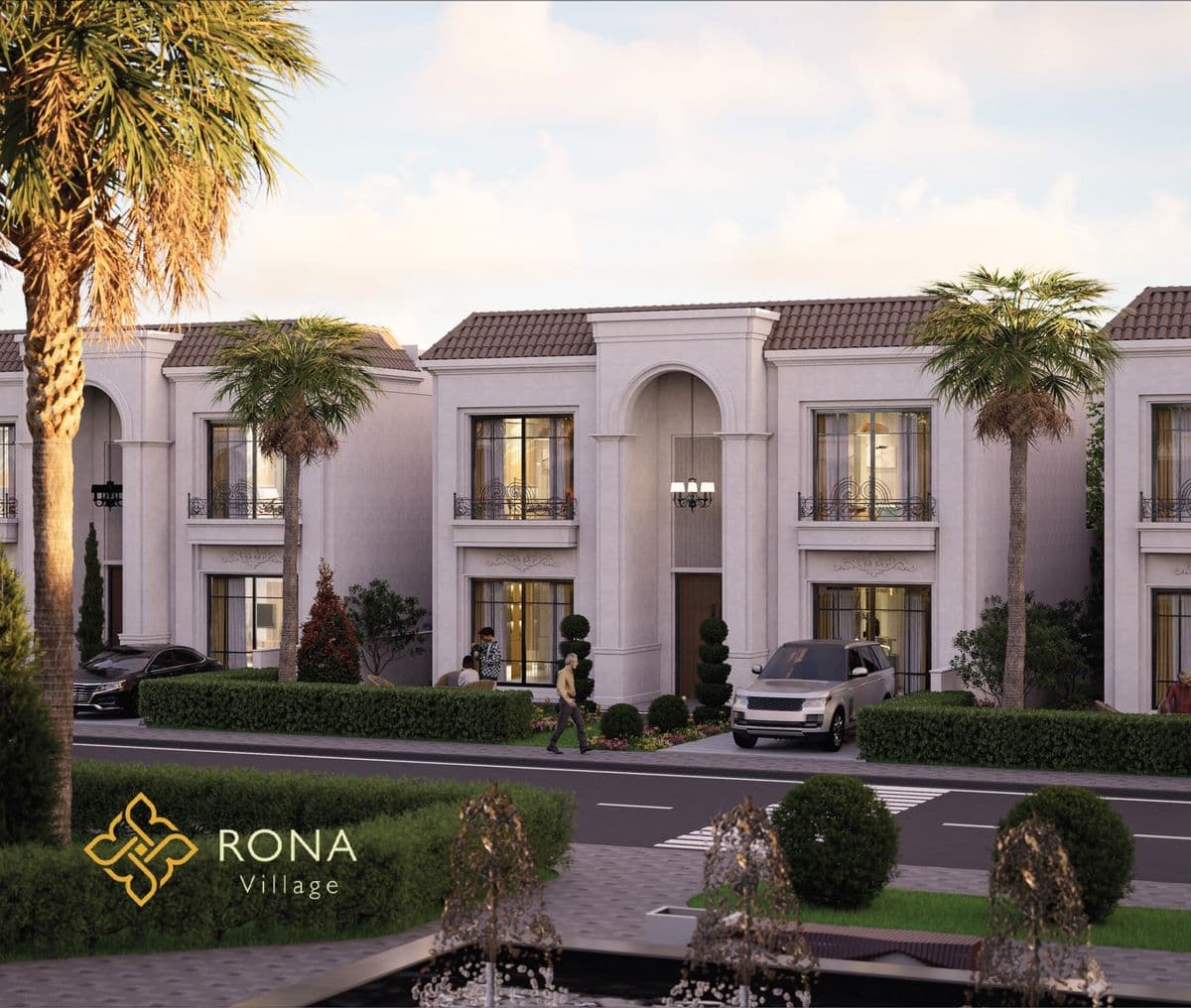 Row of villas along a palm-lined street